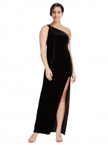 Affordable Sleeveless One Shoulder Stretch Velvet Black Long Prom Dress Canada