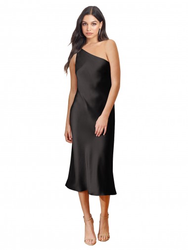 Affordable Sleeveless One Shoulder Stretch Satin Black Midi Length Black Tie Prom Dress Canada