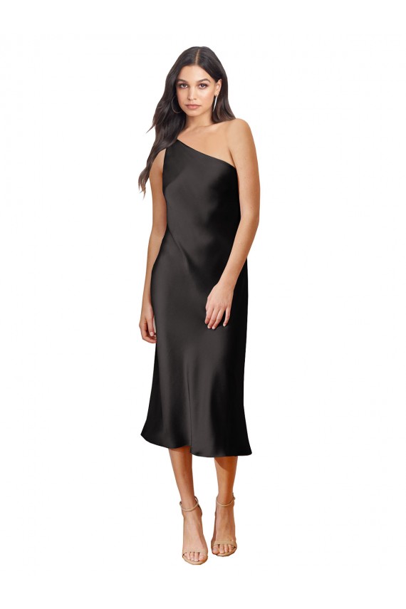 Affordable Sleeveless One Shoulder Stretch Satin Black Midi Length Black Tie Prom Dress Canada