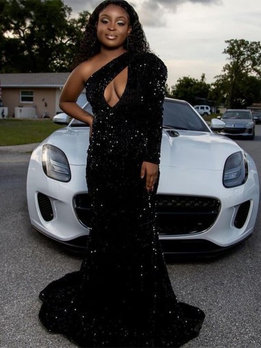 Affordable Long Sleeves One Shoulder Velvet Sequin Black Sweep Train Prom Dress Canada