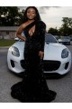 Affordable Long Sleeves One Shoulder Velvet Sequin Black Sweep Train Prom Dress Canada