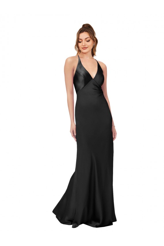 Affordable Sleeveless V-Neck Silky Satin Black Long Black Tie Prom Dress Canada