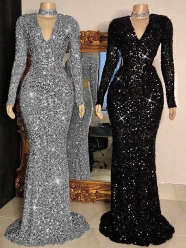 Affordable Long Sleeves V-Neck Velvet Sequin Black Sweep Train Prom Dress Canada