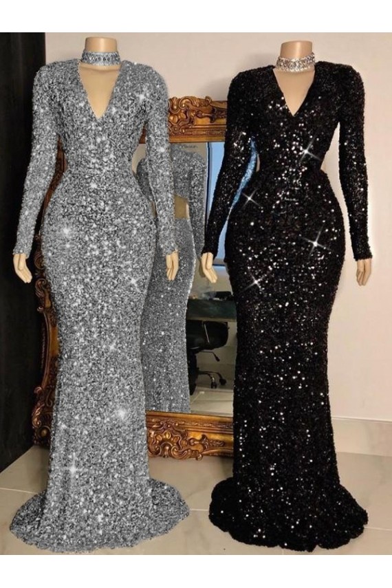 Affordable Long Sleeves V-Neck Velvet Sequin Black Sweep Train Prom Dress Canada