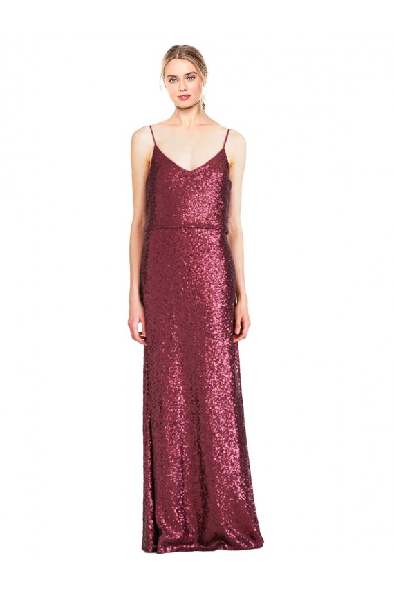 Affordable Sleeveless High Neck Sequin Burgundy Long Prom Dress Canada