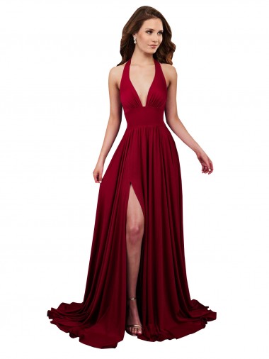 Affordable Sleeveless V-Neck Spandex Burgundy Long Black Tie Prom Dress Canada