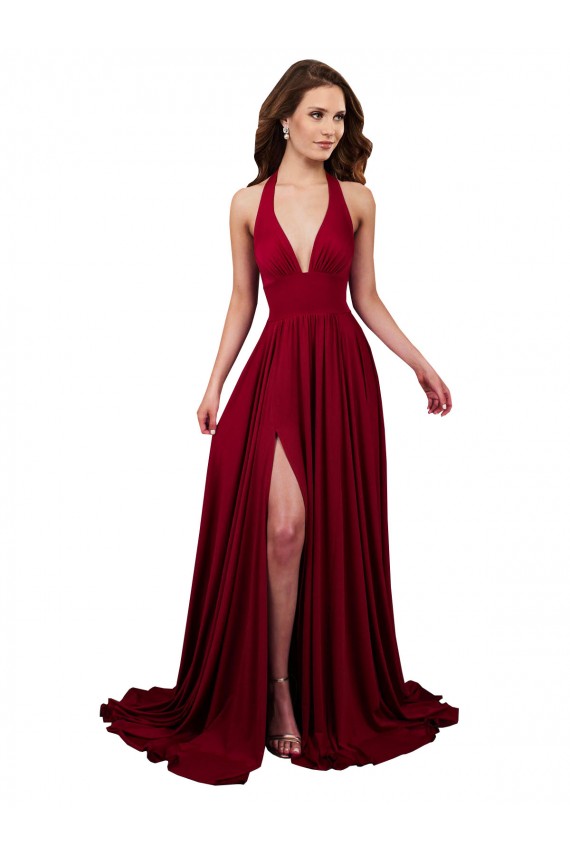 Affordable Sleeveless V-Neck Spandex Burgundy Long Black Tie Prom Dress Canada