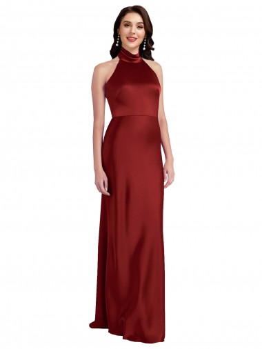 Affordable Sleeveless Halter Neck Stretch Satin Burgundy Long Black Tie Prom Dress Canada