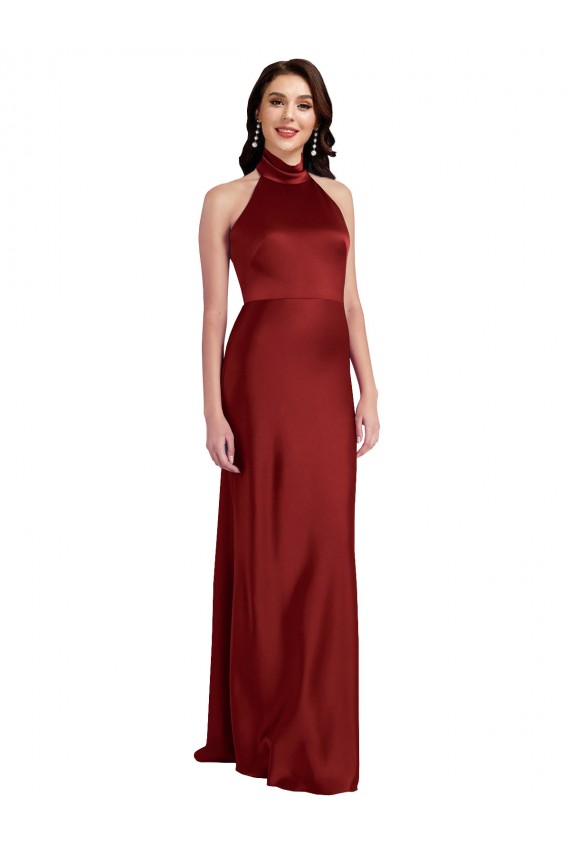 Affordable Sleeveless Halter Neck Stretch Satin Burgundy Long Black Tie Prom Dress Canada
