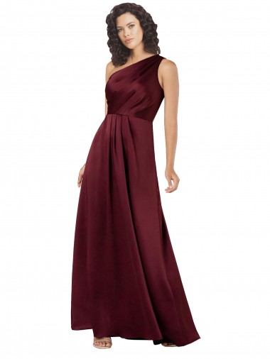 Affordable Sleeveless One Shoulder Silky Satin Burgundy Long Prom Dress Canada