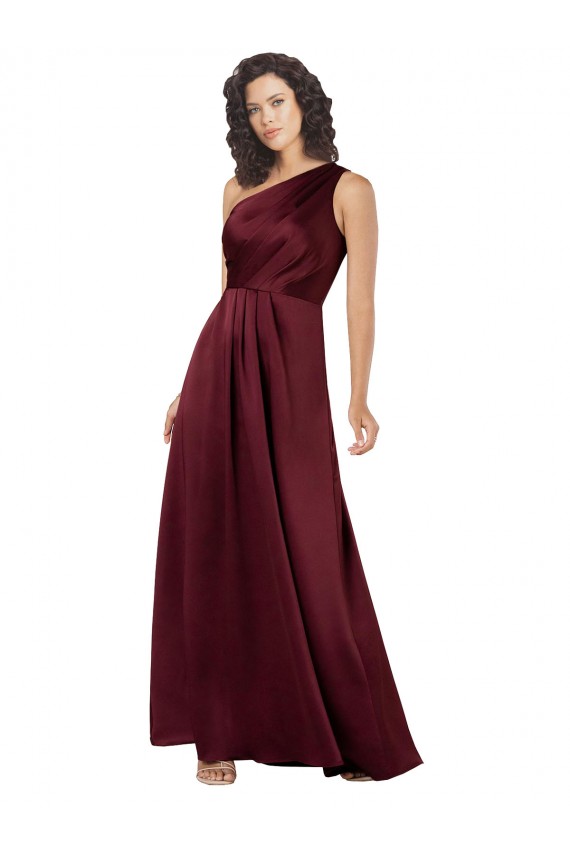 Affordable Sleeveless One Shoulder Silky Satin Burgundy Long Prom Dress Canada