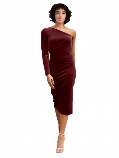Affordable Long Sleeves One Shoulder Stretch Velvet Burgundy Midi Length Black Tie Prom Dress Canada