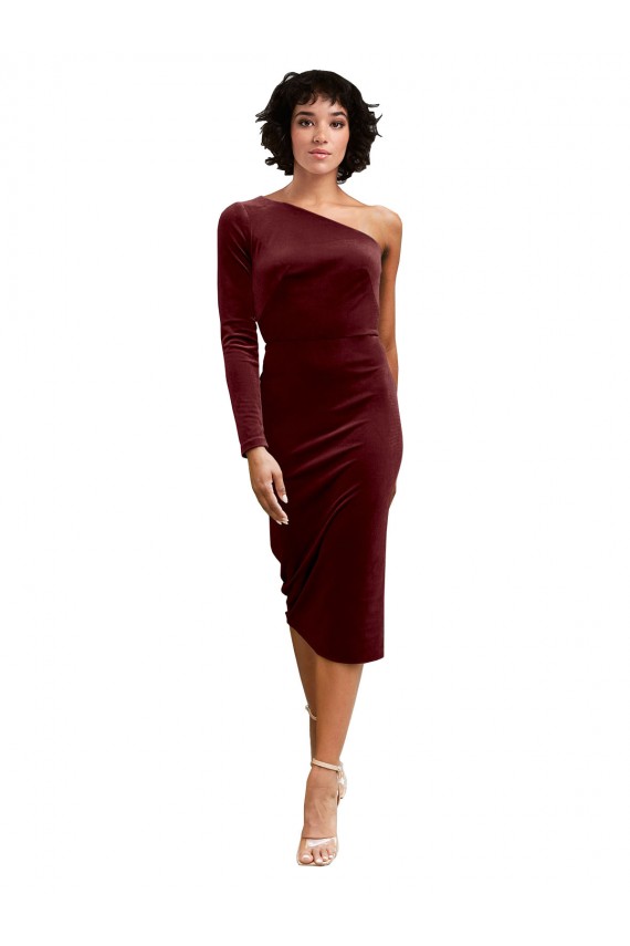Affordable Long Sleeves One Shoulder Stretch Velvet Burgundy Midi Length Black Tie Prom Dress Canada
