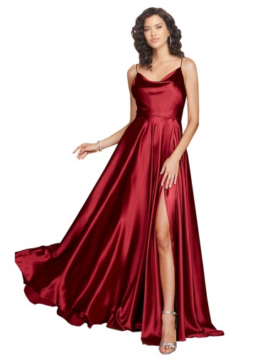 Affordable Sleeveless Cowl Neck Silky Satin Burgundy Long Black Tie Prom Dress Canada