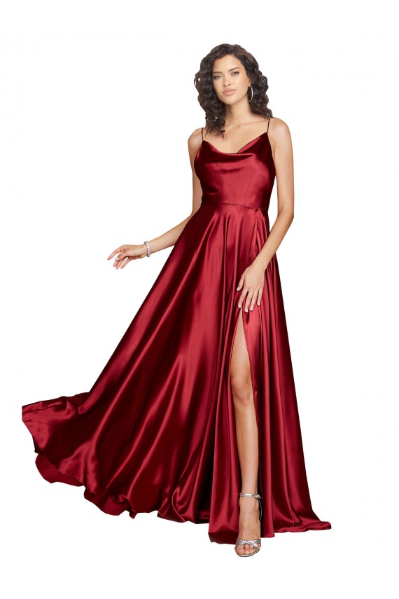 Affordable Sleeveless Cowl Neck Silky Satin Burgundy Long Black Tie Prom Dress Canada