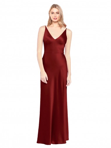 Affordable Sleeveless Spaghetti Straps Stretch Satin Burgundy Long V-Back Prom Dress Canada