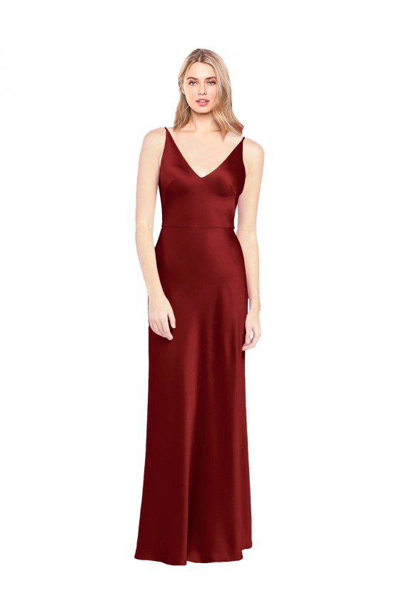Affordable Sleeveless Spaghetti Straps Stretch Satin Burgundy Long V-Back Prom Dress Canada