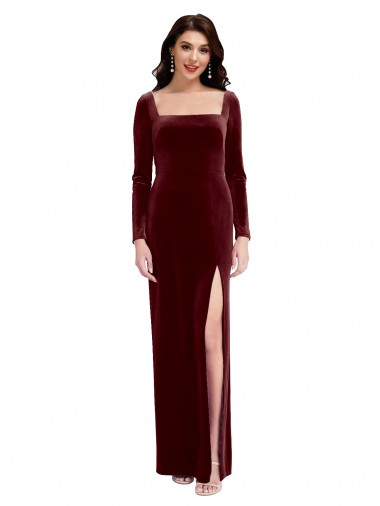Affordable Long Sleeves Square Neck Stretch Velvet Burgundy Long Prom Dress Canada