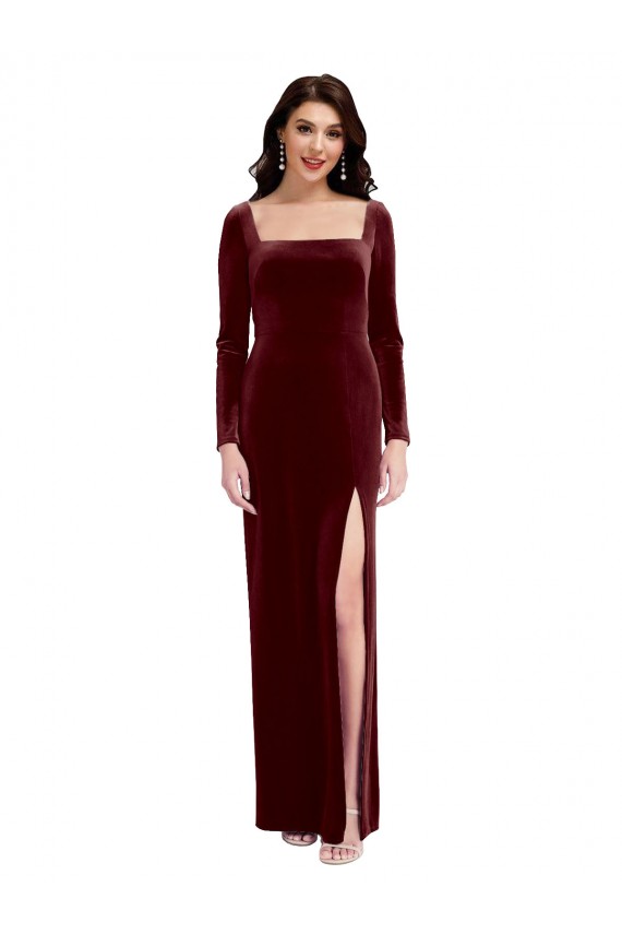 Affordable Long Sleeves Square Neck Stretch Velvet Burgundy Long Prom Dress Canada