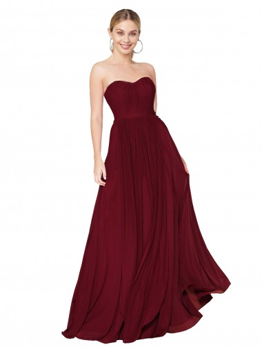 Affordable Sleeveless Strapless Soft Chiffon Burgundy Long Prom Dress Canada