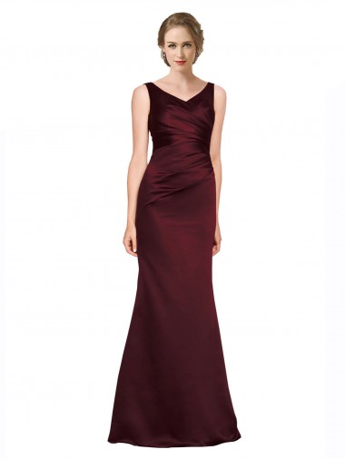 Affordable Sleeveless V-Neck Satin Burgundy Long Black Tie Prom Dress Canada
