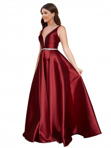 Affordable Sleeveless V-Neck Satin Burgundy Long Plus Size Formal Prom Dress Canada