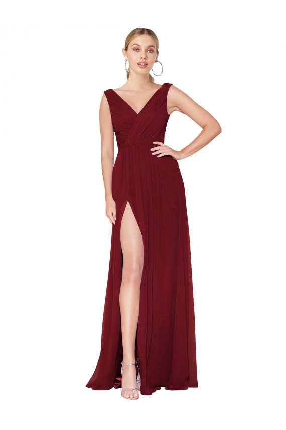 Affordable Sleeveless High Neck Soft Chiffon Burgundy Long Black Tie Prom Dress Canada