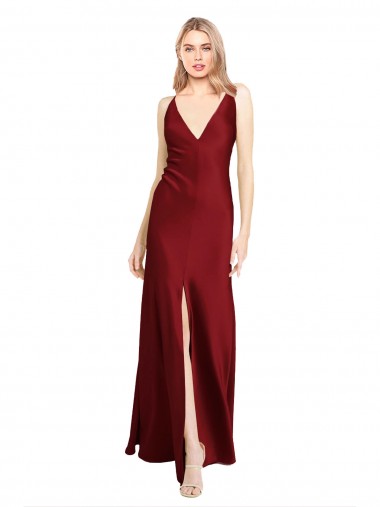 Affordable Sleeveless V-Neck Stretch Satin Burgundy Long Black Tie Prom Dress Canada