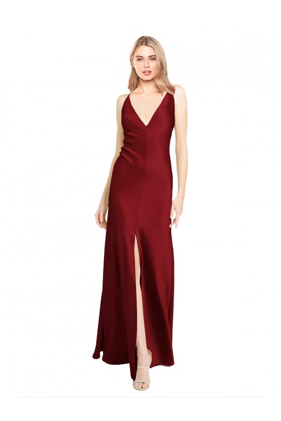 Affordable Sleeveless V-Neck Stretch Satin Burgundy Long Black Tie Prom Dress Canada