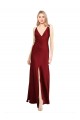 Affordable Sleeveless V-Neck Stretch Satin Burgundy Long Black Tie Prom Dress Canada