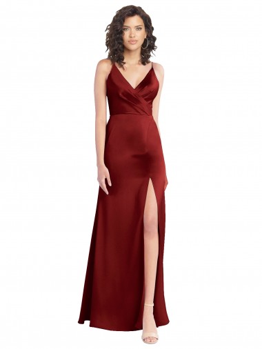 Affordable Sleeveless V-Neck Stretch Satin Burgundy Long Prom Dress Canada