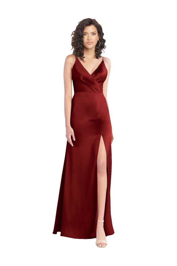 Affordable Sleeveless V-Neck Stretch Satin Burgundy Long Prom Dress Canada
