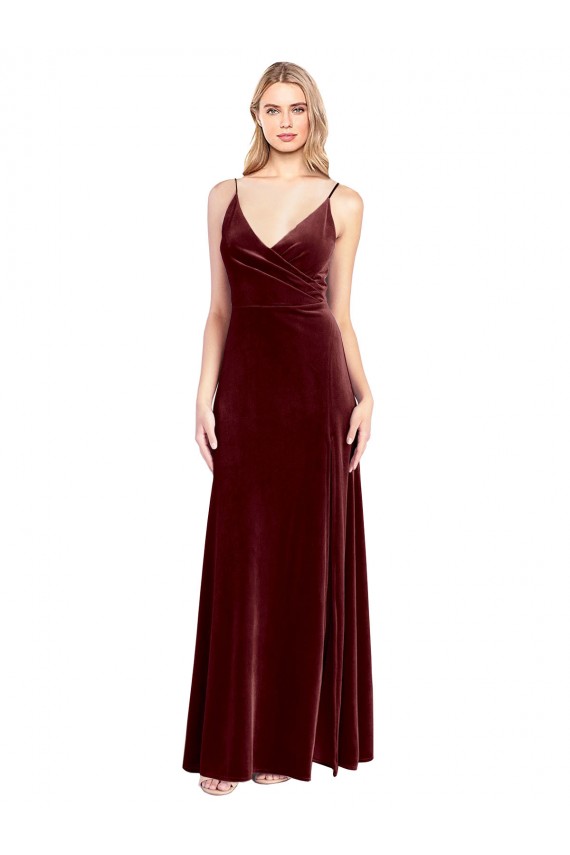 Affordable Sleeveless V-Neck Stretch Velvet Burgundy Long Black Tie Prom Dress Canada