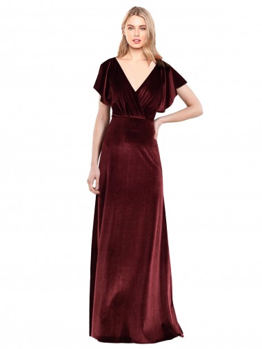 Affordable Flutter Sleeves V-Neck Stretch Velvet Burgundy Long Open Back Prom Dress Canada