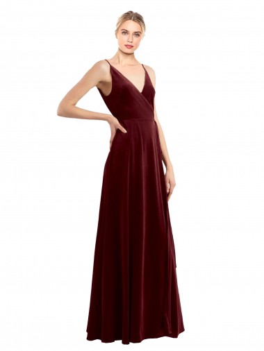 Affordable Sleeveless V-Neck Stretch Velvet Burgundy Long Prom Dress Canada