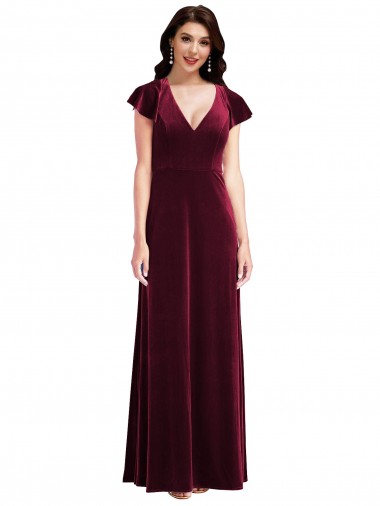 Affordable Flutter Sleeves V-Neck Stretch Velvet Burgundy Long Prom Dress Canada