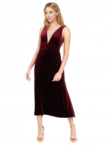 Affordable Sleeveless V-Neck Stretch Velvet Burgundy Midi Length Prom Dress Canada
