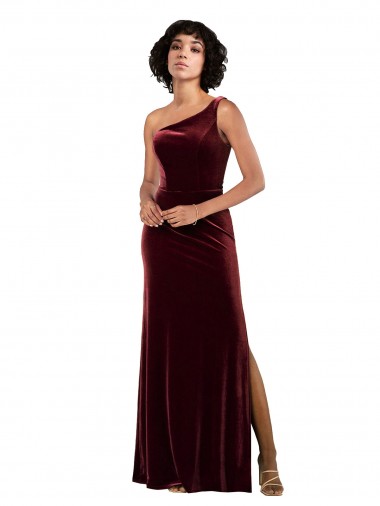 Affordable Sleeveless One Shoulder Stretch Velvet Burgundy Long Prom Dress Canada