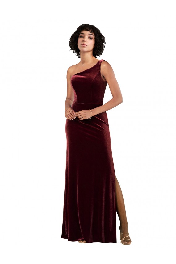 Affordable Sleeveless One Shoulder Stretch Velvet Burgundy Long Prom Dress Canada