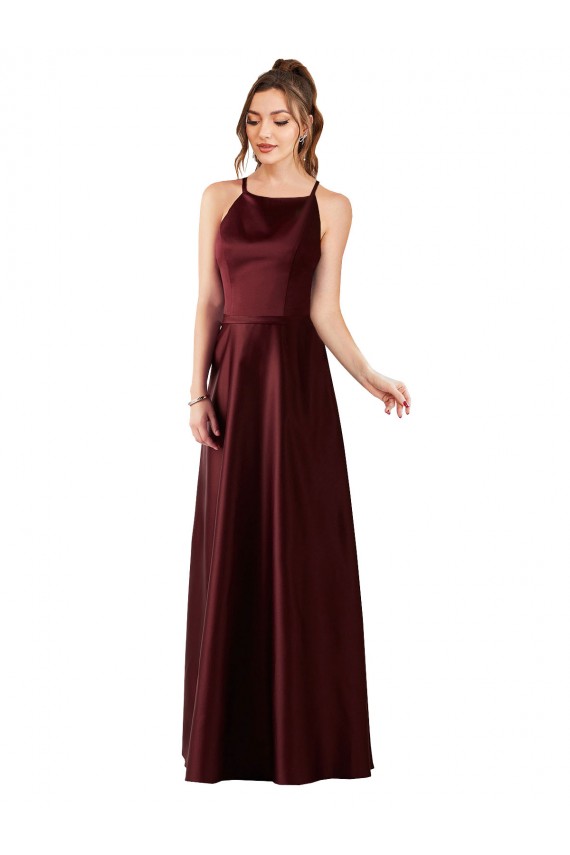 Affordable Sleeveless Halter Neck Satin Burgundy Gold Long Prom Dress Canada