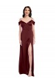 Affordable Sleeveless Off the Shoulder Stretch Satin Burgundy Gold Long Prom Dress Canada