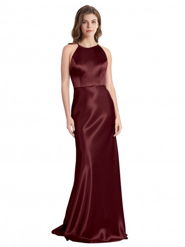 Affordable Sleeveless V-Neck Stretch Satin Burgundy Gold Long Prom Dress Canada