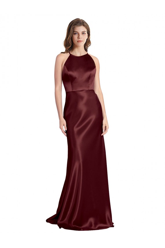 Affordable Sleeveless V-Neck Stretch Satin Burgundy Gold Long Prom Dress Canada