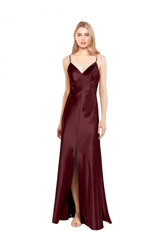 Affordable Sleeveless Spaghetti Straps Stretch Satin Burgundy Gold Long Prom Dress Canada