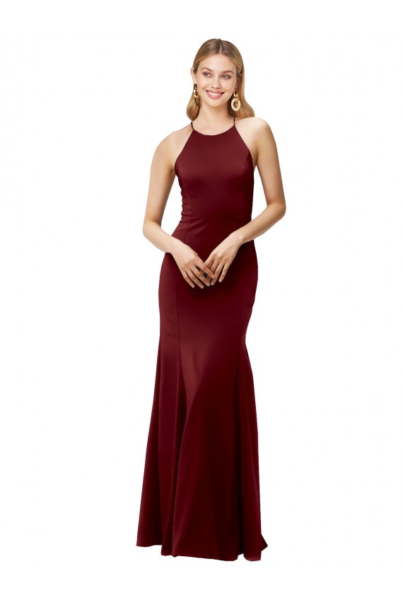 Affordable Sleeveless Halter Neck Stretch Crepe Burgundy Gold Long Criss Cross Back Prom Dress Canada