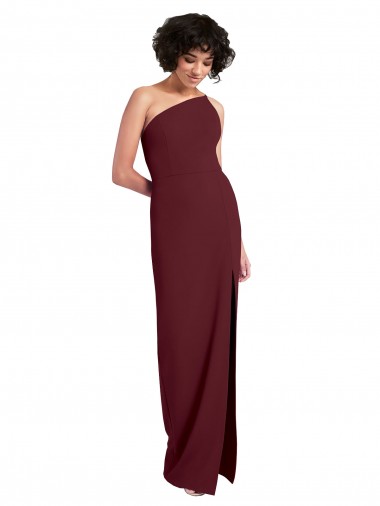 Affordable Sleeveless One Shoulder Stretch Crepe Burgundy Gold Long Prom Dress Canada