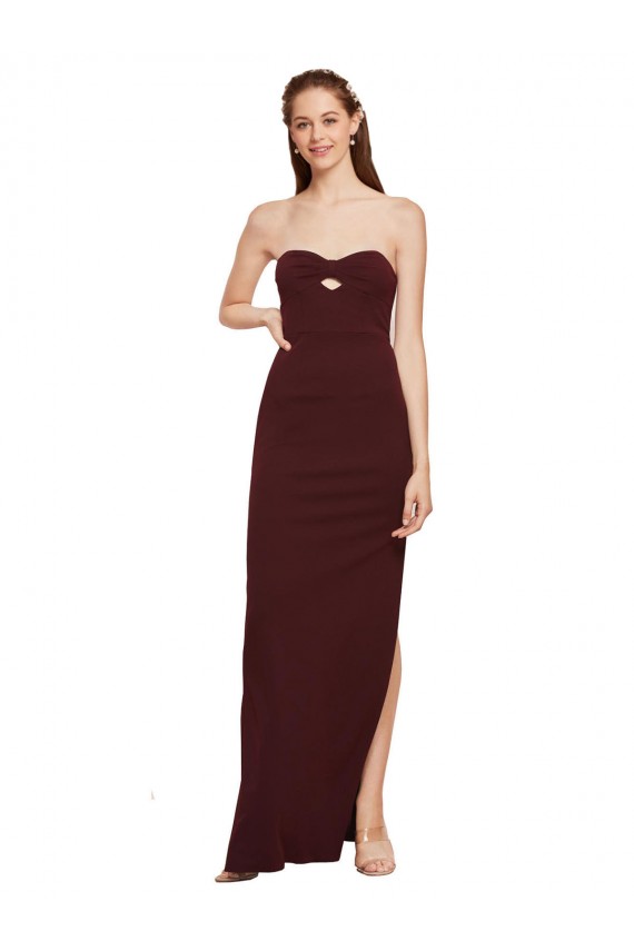 Affordable Sleeveless Strapless Stretch Crepe Burgundy Gold Long Prom Evening Dress Canada