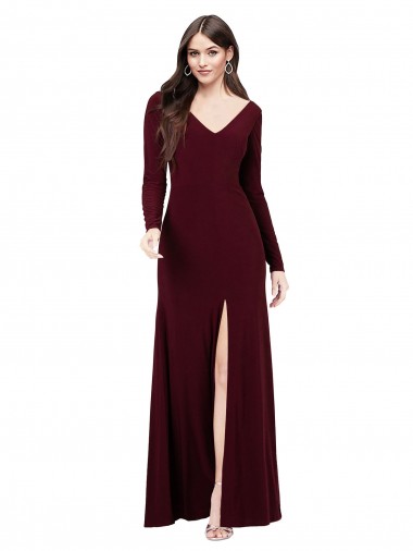 Affordable Long Sleeves V-Neck Spandex Burgundy Gold Long Prom Dress Canada