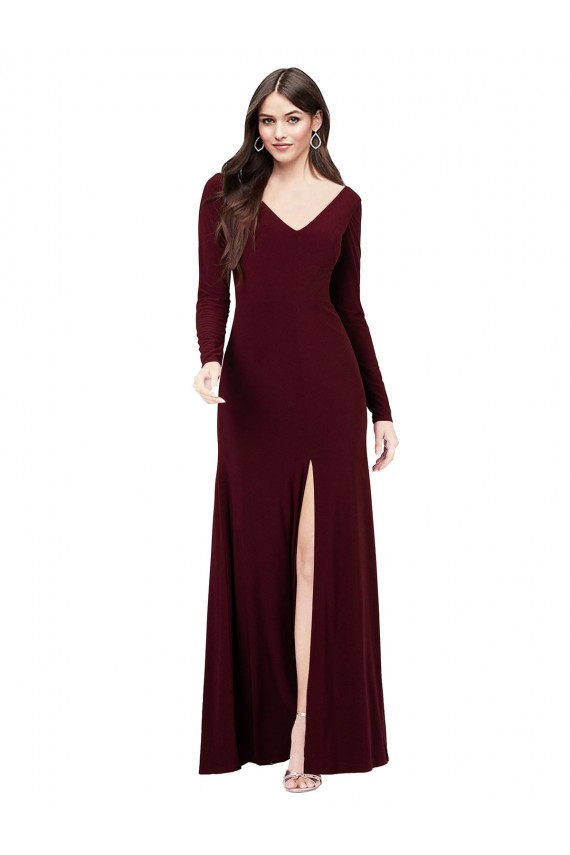 Affordable Long Sleeves V-Neck Spandex Burgundy Gold Long Prom Dress Canada