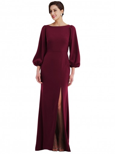 Affordable Long Sleeves Bateau Neck Stretch Crepe Burgundy Gold Long Prom Dress Canada
